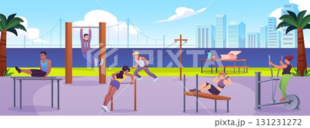 Young people training on street workout area vector flat illustration, fitness and strength exercise, sports equipment Young people training on street workout area vector flat illustration, fitness and strength exercise, sports equipment 131231272