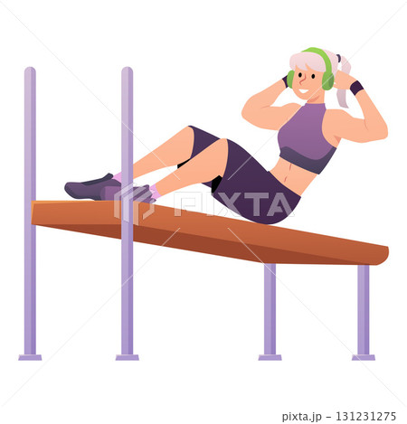 Athlete woman with headphones in sportswear does abdominal exercises, vector sportswoman training, street or gym workout 131231275