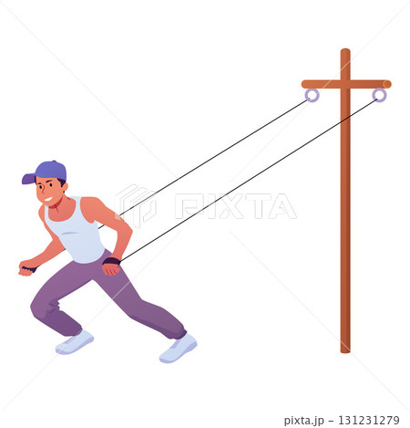 Athlete in sportswear does pull the weight exercise, vector cartoon sportsman character training strength with equipment Athlete in sportswear does pull the weight exercise, vector cartoon sportsman character training strength with equipment 131231279