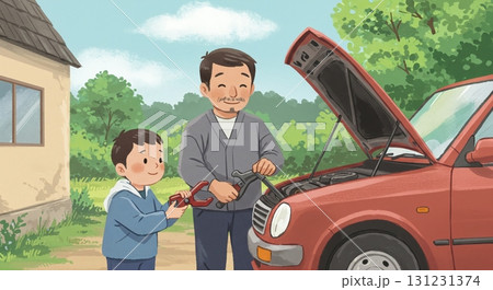 最高の休日!ポップアート風に描かれた車と親子 最高の休日!ポップアート風に描かれた車と親子 131231374