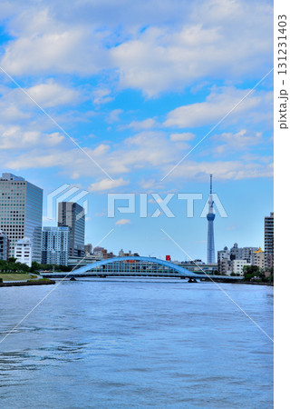 東京 隅田川 中央大橋からの永代橋とスカイツリー 東京 隅田川 中央大橋からの永代橋とスカイツリー 131231403
