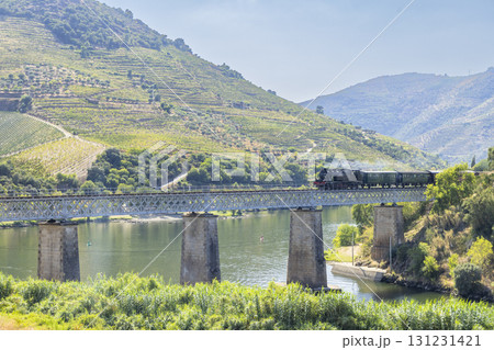 Steam train on railway bridge (Ponte Ferroviaria do Tua), Tua, Alto Douro, Portugal 131231421