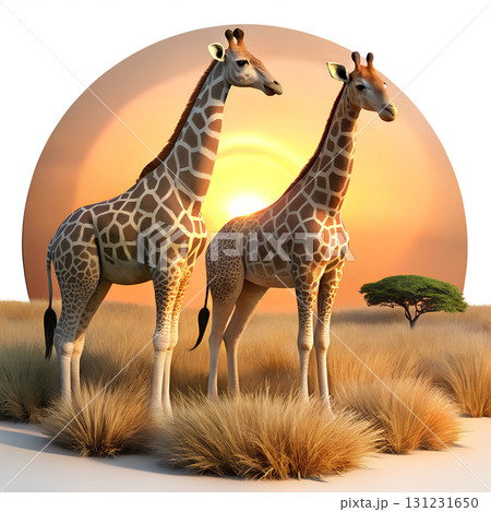 3d render of two african giraffes on savanna at sunset, wild animals silhouetted against orange sky 131231650