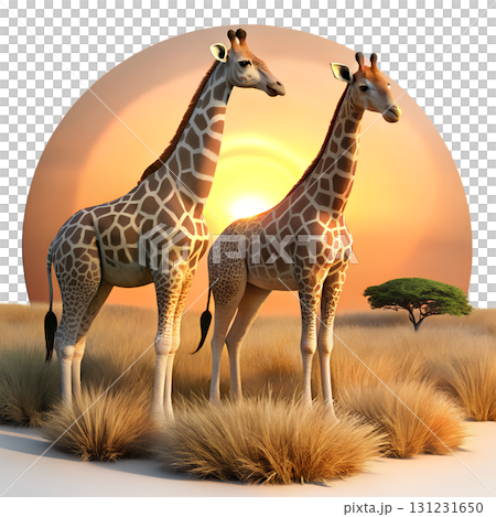 3d render of two african giraffes on savanna at sunset, wild animals silhouetted against orange sky 131231650