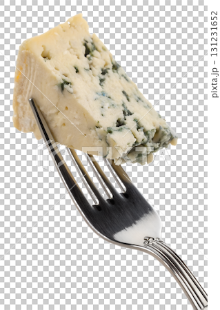 Fork with wedge of danish danablu cheese, crumbly blue veined cheese isolated on transparent background 131231652