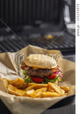 homemade cheeseburger with french fries 131231673