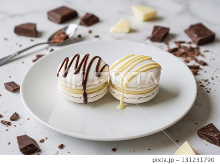 ダークチョコレートとホワイトチョコレートガナッシュがかけられたマカロン ダークチョコレートとホワイトチョコレートガナッシュがかけられたマカロン 131231790