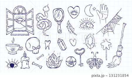 Outline Magic and Mysticism, Witch Doodles. Textured Hand Drawn Set. Mystical symbols, snake, mirror, eye, skull and occult elements. Isolated Vector illustration sketch on checkered paper. Not AI Outline Magic and Mysticism, Witch Doodles. Textured Hand Drawn Set. Mystical symbols, snake, mirror, eye, skull and occult elements. Isolated Vector illustration sketch on checkered paper. Not AI 131231854