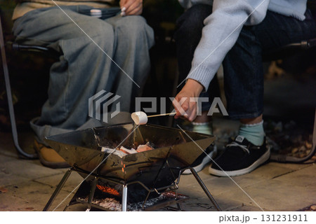 Winter camp outdoor, happy women roast marshmallows with friend, people enjoy cozy evening campfire in forest, warm glow illuminates faces, relaxing winter activity for friends. 131231911