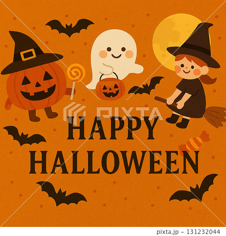 魔女・ゴースト・かぼちゃが並ぶ、かわいいハロウィンキャラクターイラスト 131232044