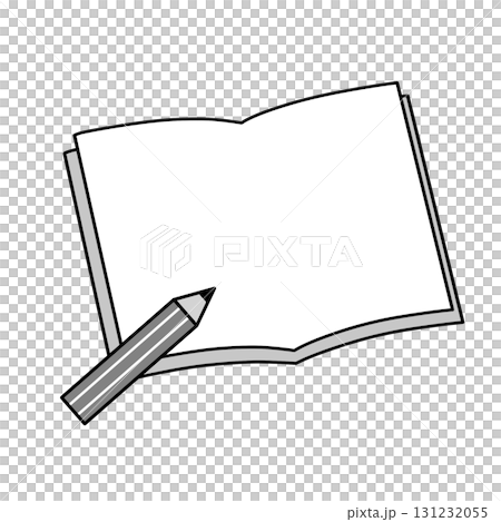 文字を自由に入れられるコピースペース付き開いたノートと鉛筆のモノクロイラスト 131232055