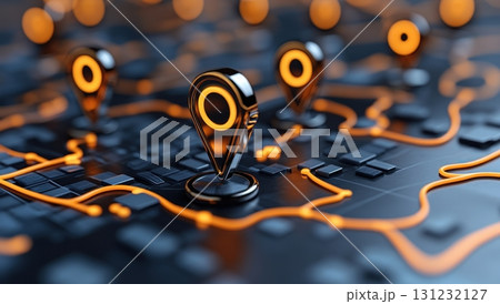 High-tech map with location pins and luminous routes. Futuristic concept illustration of navigation, destination search, and geolocation services. Digital design element 131232127