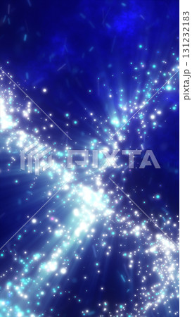 Stream of bright blue and white particles radiating through a dark space, creating a fluid starry wave 131232183