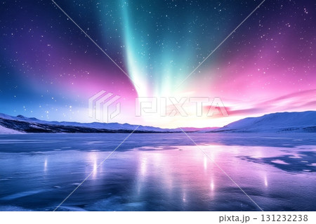 Colorful northern lights dance above frozen lake, reflecting on icy surface 131232238