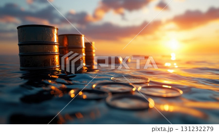 Oil barrels float in the ocean at sunset, depicting environmental pollution and the impact of oil spills on marine life Oil barrels float in the ocean at sunset, depicting environmental pollution and the impact of oil spills on marine life 131232279