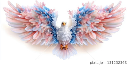 A majestic white eagle with pastel pink and blue floral wings soars gracefully against a white background 131232368