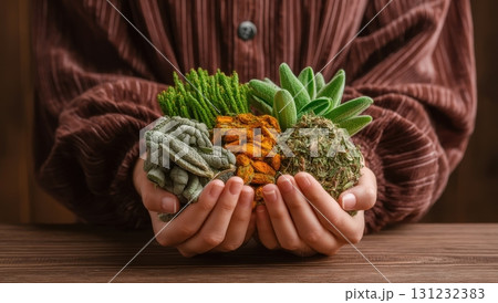 A person gently holds a collection of dried herbs and plants, showcasing their natural beauty and potential medicinal uses A person gently holds a collection of dried herbs and plants, showcasing their natural beauty and potential medicinal uses 131232383