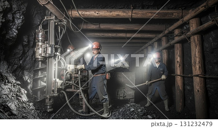 Four coal miners labor in the depths of a mine, working with a drill and shovel near a coal cart under the light of their headlamps 131232479