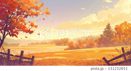 秋の牧場と夕日に染まる雲と空 AI画像 秋の牧場と夕日に染まる雲と空 AI画像 131232651