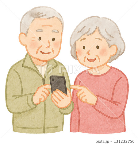 スマートフォンを見るシニア夫婦の生活イラスト素材（切り抜き） 131232750