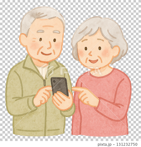 スマートフォンを見るシニア夫婦の生活イラスト素材（切り抜き） 131232750