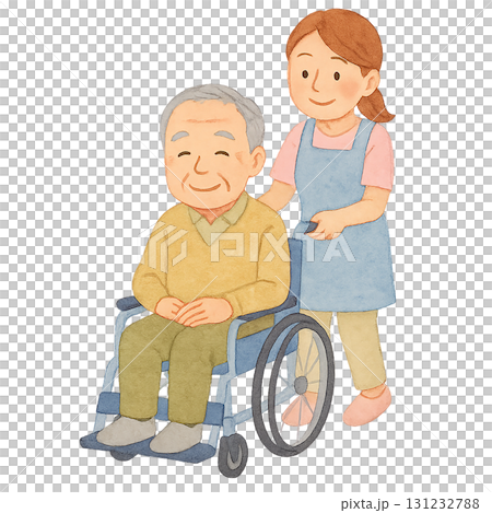 車椅子の高齢男性と介護する女性の介護イラスト素材（切り抜き） 131232788
