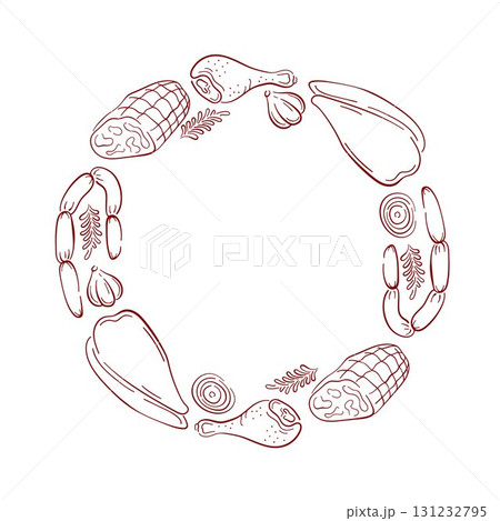 Circular frame of assorted meat product, sausage, ham, chicken, drumstick, garlic, onion and herbs on a white background in line art style. Circular frame of assorted meat product, sausage, ham, chicken, drumstick, garlic, onion and herbs on a white background in line art style. 131232795