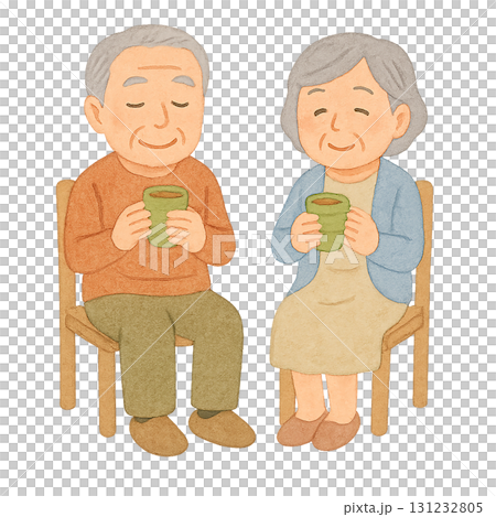 一對老年夫婦喝茶的生活插畫素材（剪下） 131232805