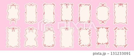 Coquette bow frame set. Hand drawn decorative ribbon borders on pink background. 131233091