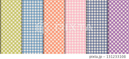 Vichy gingham plaid pattern set. Cute tartan textile texture for dresses, skirts, scarves, and kids clothing. 131233108