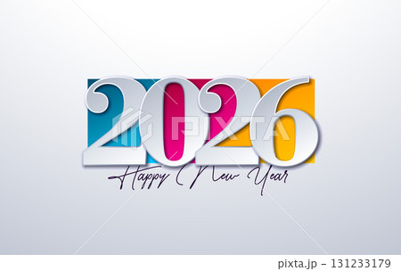 Happy New Year 2026 Logo Design with Paper Cutting Number and Colorful Elements on White Background. Christmas Holiday Greeting Card Illustration with Typography Lettering for Calendar, Flyer, Banner 131233179