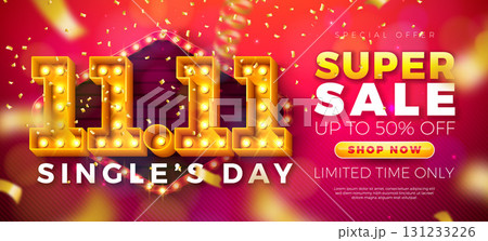 Singles Day 11 November Shopping Day Sale Design with 3d 11.11 Light Bulb Number, Stage Podium and Falling Confetti on Red Background. Chinese Mid Autumn Vector Special Offer Discount Illustration for 131233226