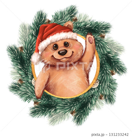 Hand-drawn illustration of a cute bear waving from inside a festive Christmas wreath Hand-drawn illustration of a cute bear waving from inside a festive Christmas wreath 131233242