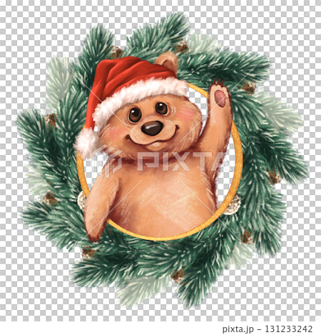 Hand-drawn illustration of a cute bear waving from inside a festive Christmas wreath Hand-drawn illustration of a cute bear waving from inside a festive Christmas wreath 131233242