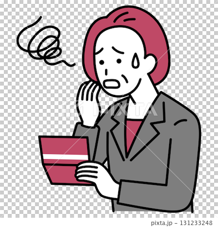 A middle-aged woman in a suit is confused when she looks at her bankbook A middle-aged woman in a suit is confused when she looks at her bankbook 131233248