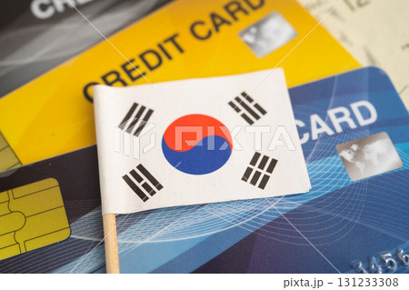 South Korea flag on credit card, finance economy trading shopping online business. South Korea flag on credit card, finance economy trading shopping online business. 131233308