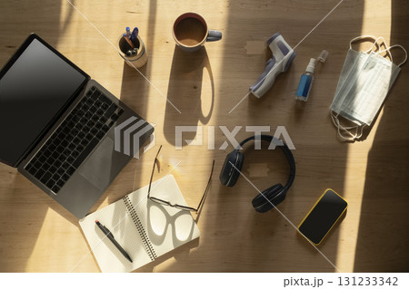 Home office workspace during pandemic. Home office workspace during pandemic. 131233342
