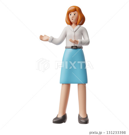 A full-length 3D vector of a woman in a white blouse and blue skirt with her arms outstretched. 131233398
