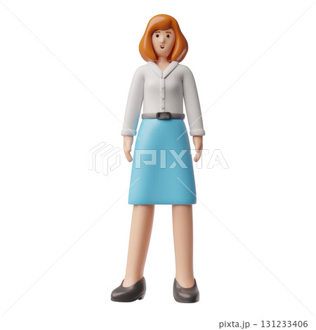 Businesswoman with red hair 3d plastic style, vector cartoon standing lady wear white blouse and skirt full height Businesswoman with red hair 3d plastic style, vector cartoon standing lady wear white blouse and skirt full height 131233406