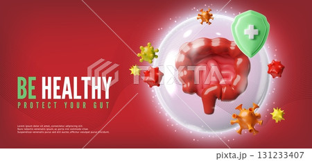 3d banner with gastrointestinal tract organs in a protective bubble, shield and bacteria. 131233407