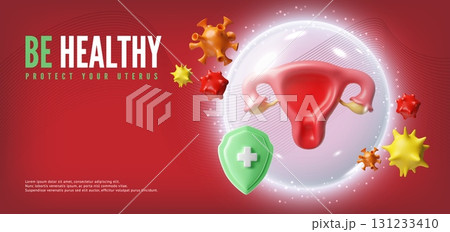 3d banner with uterus, in protective glowing bubble, with bacteria around and green shield. 3d banner with uterus, in protective glowing bubble, with bacteria around and green shield. 131233410
