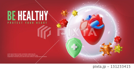 3D banner with heart protection, green shield with cross blocks germs, red background. 131233415