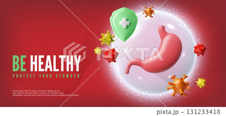 Vector 3D banner with stomach under protective bubble with green shield, microbes, red background. Vector 3D banner with stomach under protective bubble with green shield, microbes, red background. 131233418