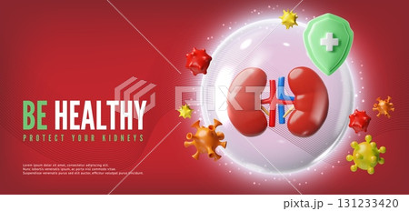 3D banner of kidneys in protective sphere, green shield, germs, red background. 3D banner of kidneys in protective sphere, green shield, germs, red background. 131233420