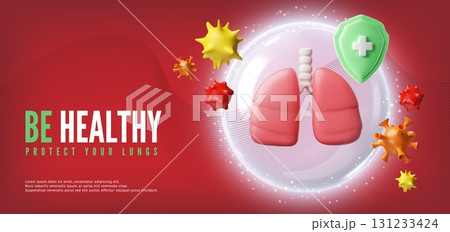 Be healthy protect your lungs 3D vector banner, lungs in protective sphere from bacteria and viruses, shield with cross Be healthy protect your lungs 3D vector banner, lungs in protective sphere from bacteria and viruses, shield with cross 131233424