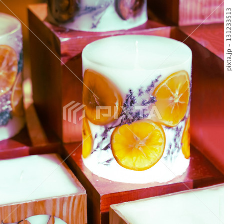 white candle with orange slices and sprigs of lavender hand-made works white candle with orange slices and sprigs of lavender hand-made works 131233513