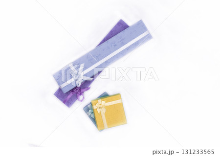 several beautiful gift boxes on white isolated background with surprise 131233565