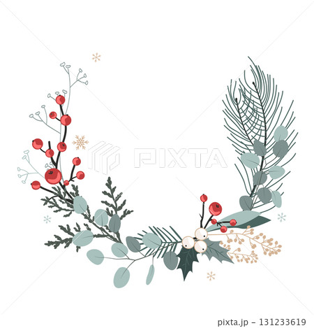Floral Christmas wreath frame with pine, eucalyptus and berry branches. Winter foliage decoration, Xmas card. Vector isolated illustration. Floral Christmas wreath frame with pine, eucalyptus and berry branches. Winter foliage decoration, Xmas card. Vector isolated illustration. 131233619