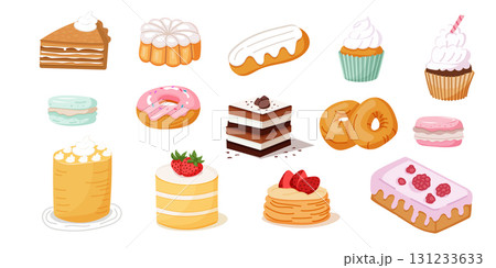 Colorful bakery dessert set with cakes donuts and pastries illustration Colorful bakery dessert set with cakes donuts and pastries illustration 131233633