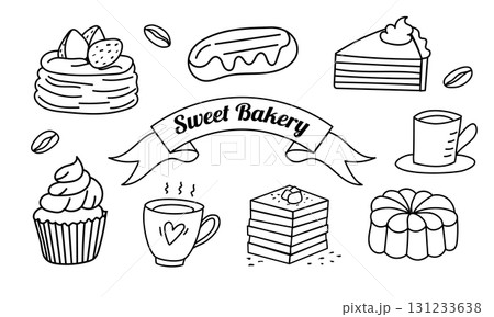 Hand drawn sweet bakery doodle set with cakes donuts and coffee Hand drawn sweet bakery doodle set with cakes donuts and coffee 131233638